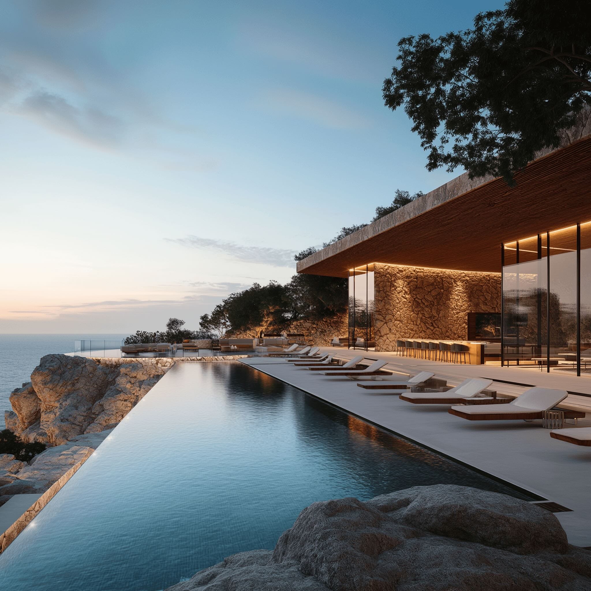 Modern cliff-top villa with glass walls and an illuminated infinity pool overlooking the sea at dusk.